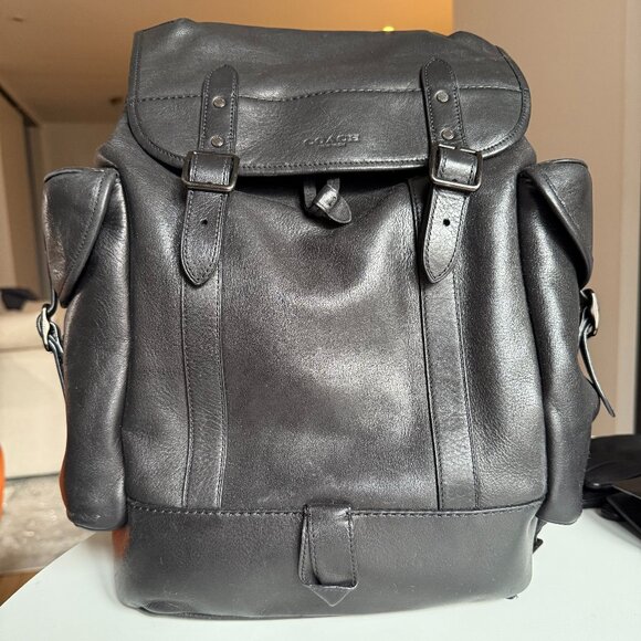 Coach Black Leather Hitch Backpack - Picture 1 of 6